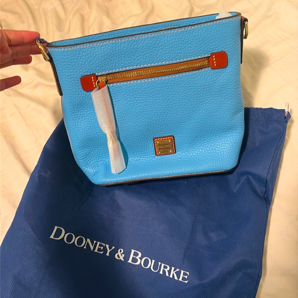 Dooney & Bourke Pebbled Leather Crossbody Bag Aqua Blue Tan Trim